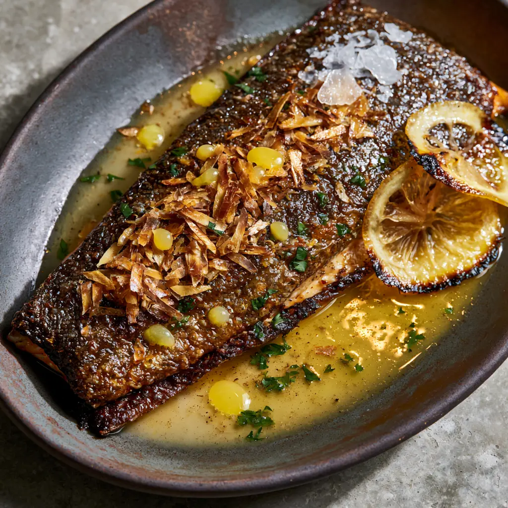 Trout Amandine with Shatteringly Crispy Skin and Toasted Almonds 2 Macro shot of Trout Amandine skin texture with Maldon salt flakes and parsley. (trout amandine)