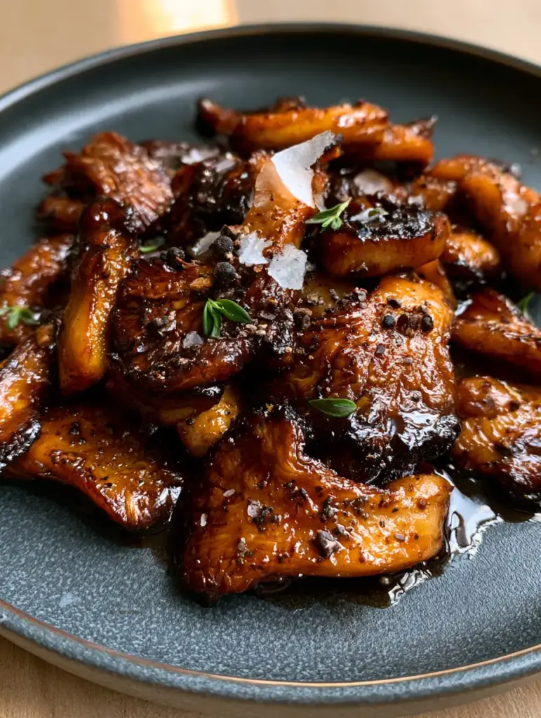 Balsamic Glazed Oyster Mushrooms: The Ultimate Umami Side Dish 1 Detail shot of the glossy dark balsamic glaze pooling in the mushroom ruffles with cracked black pepper. (Balsamic Glazed Oyster Mushrooms)