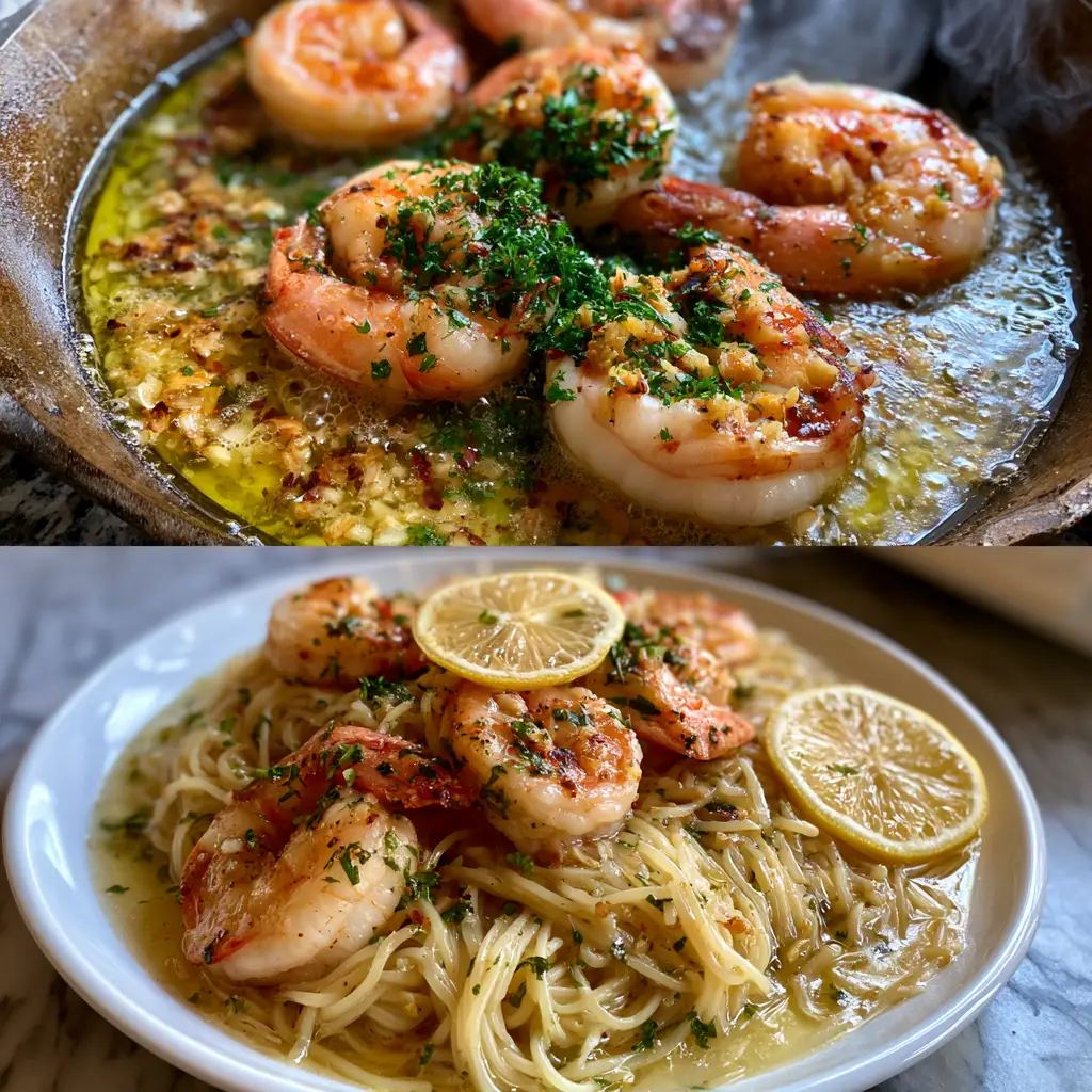 Shrimp Scampi with Garlic Butter and Al Dente Linguine 1 Plated serving of shrimp scampi over al dente linguine pasta with lemon wheels and fresh parsley garnish.