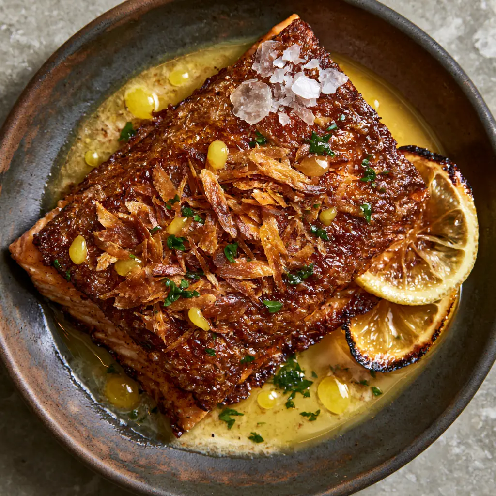 Trout Amandine with Shatteringly Crispy Skin and Toasted Almonds 1 Trout amandine served in a shallow pool of golden lemon butter sauce with charred lemon rounds.