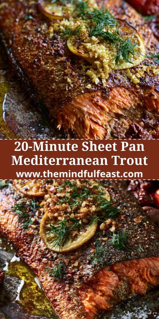 A top-down view of a Mediterranean trout bake on a rustic pan featuring charred lemons and blistered tomatoes.