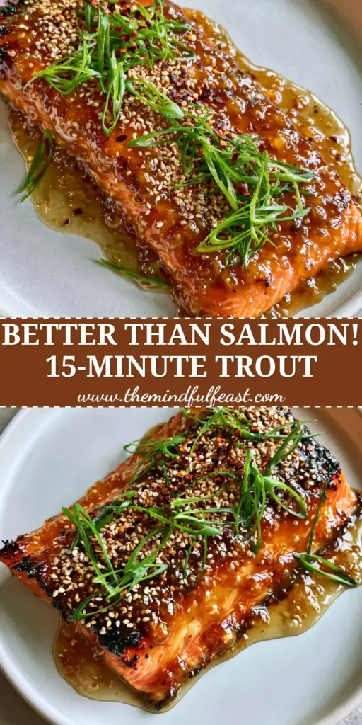 A top-down smartphone photo of succulent Honey-garlic steelhead trout with a bubbly amber glaze, toasted sesame seeds, and green scallions on a white plate.