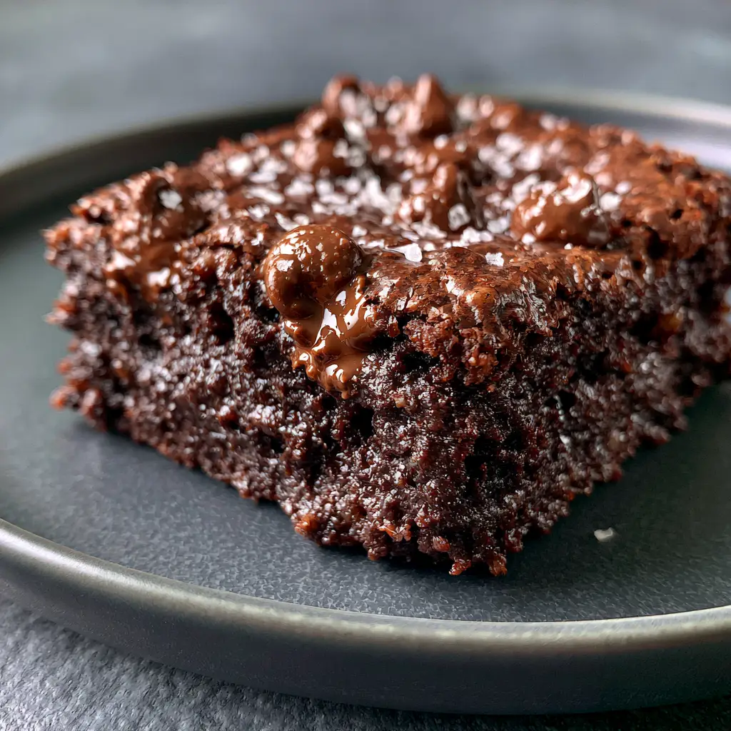 Banana Brownies: The Ultimate Fudgy Dark Chocolate and Peanut Butter Swirl Recipe 1 A single fudgy banana brownie on a minimal charcoal plate with side lighting showing the melted chocolate chips.