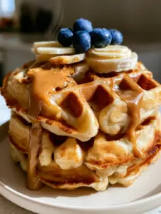 Macro close-up of golden-brown Belgian waffles with rising steam and melted almond butter. (high-protein banana cottage cheese waffles)