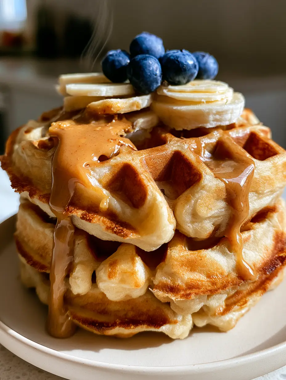 High-Protein Banana Cottage Cheese Waffles: The Ultimate Fluffy Belgian Recipe 3 Macro close-up of golden-brown Belgian waffles with rising steam and melted almond butter. (high-protein banana cottage cheese waffles)