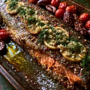 Extreme close-up of a Mediterranean trout bake with crispy golden-brown skin and fresh dill.