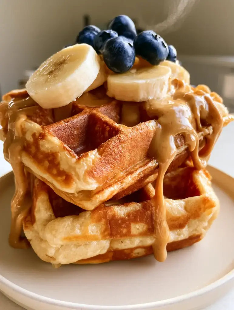 High-Protein Banana Cottage Cheese Waffles: The Ultimate Fluffy Belgian Recipe 1 A stack of two protein waffles on a white plate with fresh banana slices and blueberries.