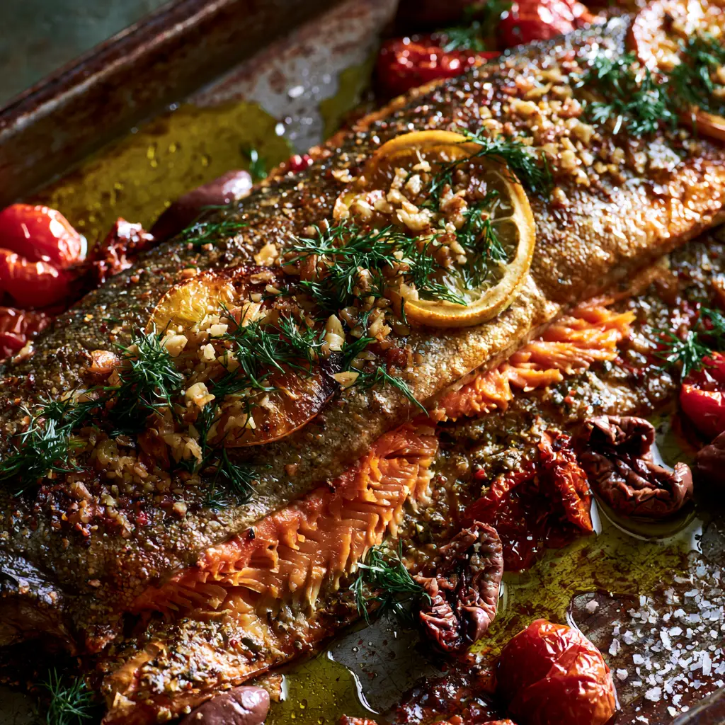 Roasted cherry tomatoes and wrinkled Kalamata olives surrounding a Mediterranean trout bake.