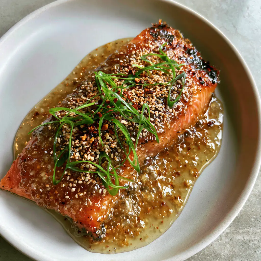 Steelhead trout fillet with charred edges and a bubbly honey garlic glaze garnished with scallions.