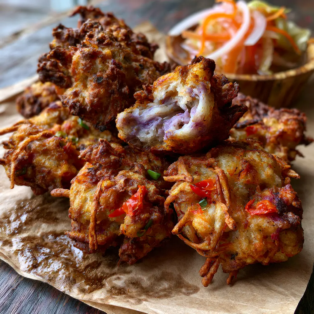 Haitian Akra: The Ultimate Crispy Malanga Fritter Recipe 1 Eye-level view of Haitian Akra fritters on grease-stained parchment paper with wooden bowl of Pikliz.