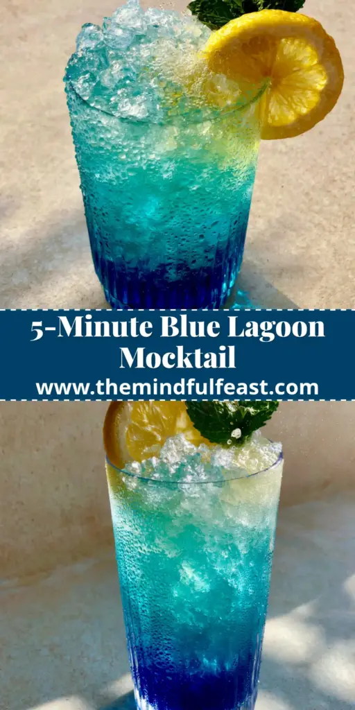 Blue Mocktail: The Ultimate Sparkling Blue Lagoon Recipe for Summer 4 A handheld photo of a vibrant Blue Mocktail in a ribbed glass with a lemon wheel and mint garnish, showing a blue ombre gradient.