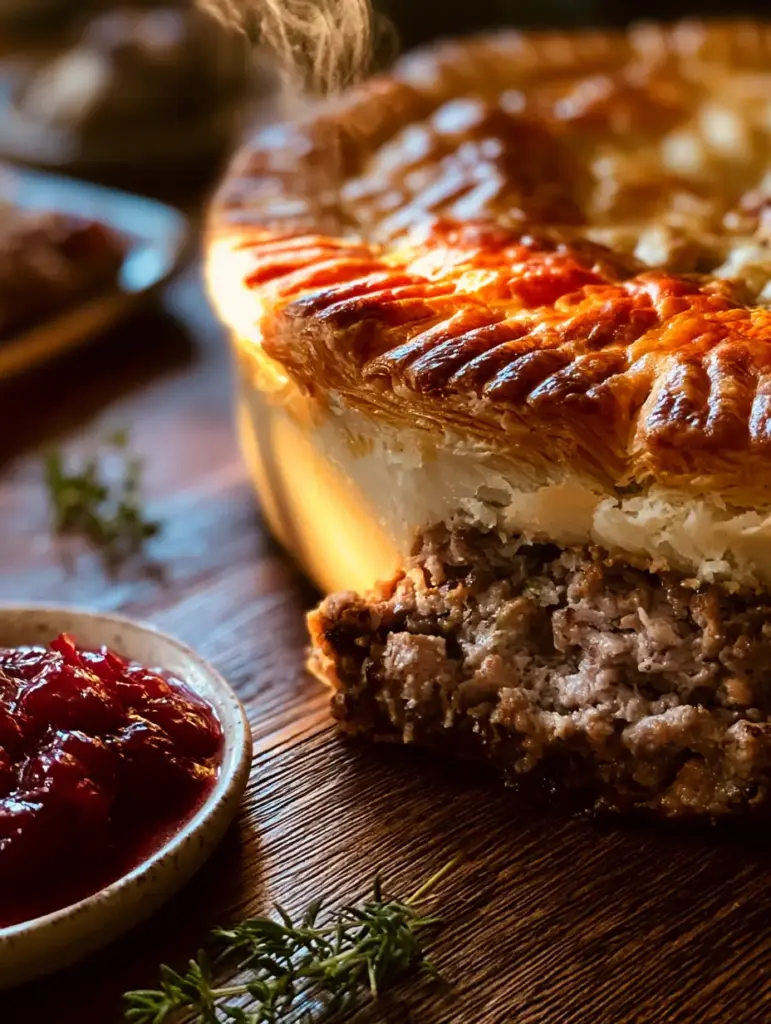 French Meat Pie (Tourtière): The Ultimate Flaky Canadian Classic 1 A slice of French Meat Pie removed from the dish, showing the dense beef and pork filling with steam rising. (French Meat Pie)