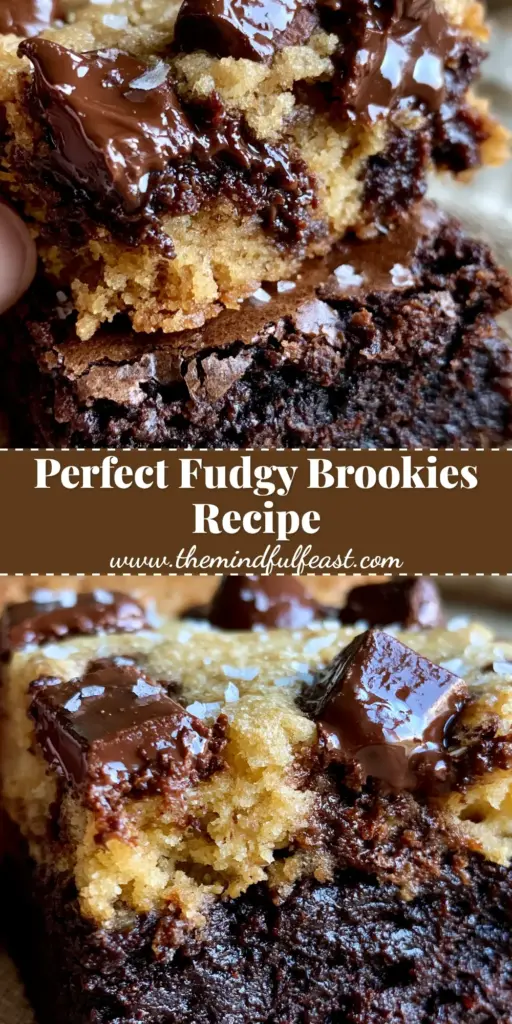 A stack of fresh Brookies Cookies showing the dark fudgy brownie base and golden cookie top with melted chocolate chunks. (Brookies Cookies)