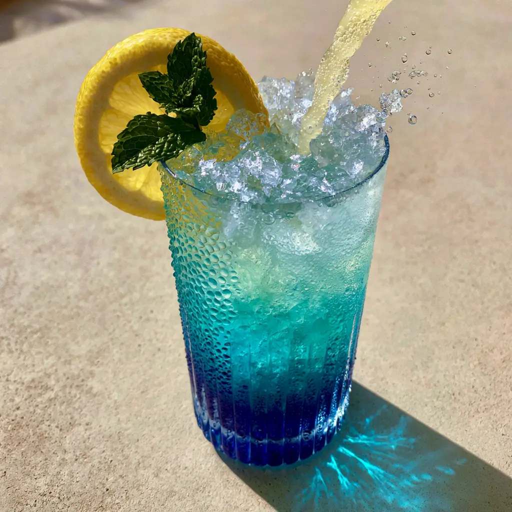 Close up of sparkling lemonade being poured into a Blue Mocktail glass filled with crushed ice and condensation.