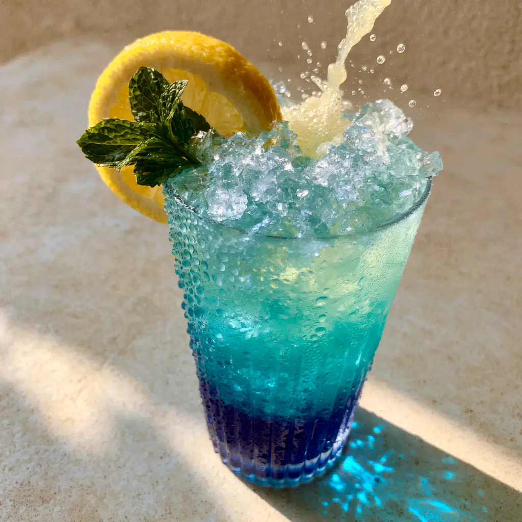 Blue Mocktail: The Ultimate Sparkling Blue Lagoon Recipe for Summer 1 A Blue Mocktail on a concrete surface with blue-tinted shadows and a lemon wheel garnish.
