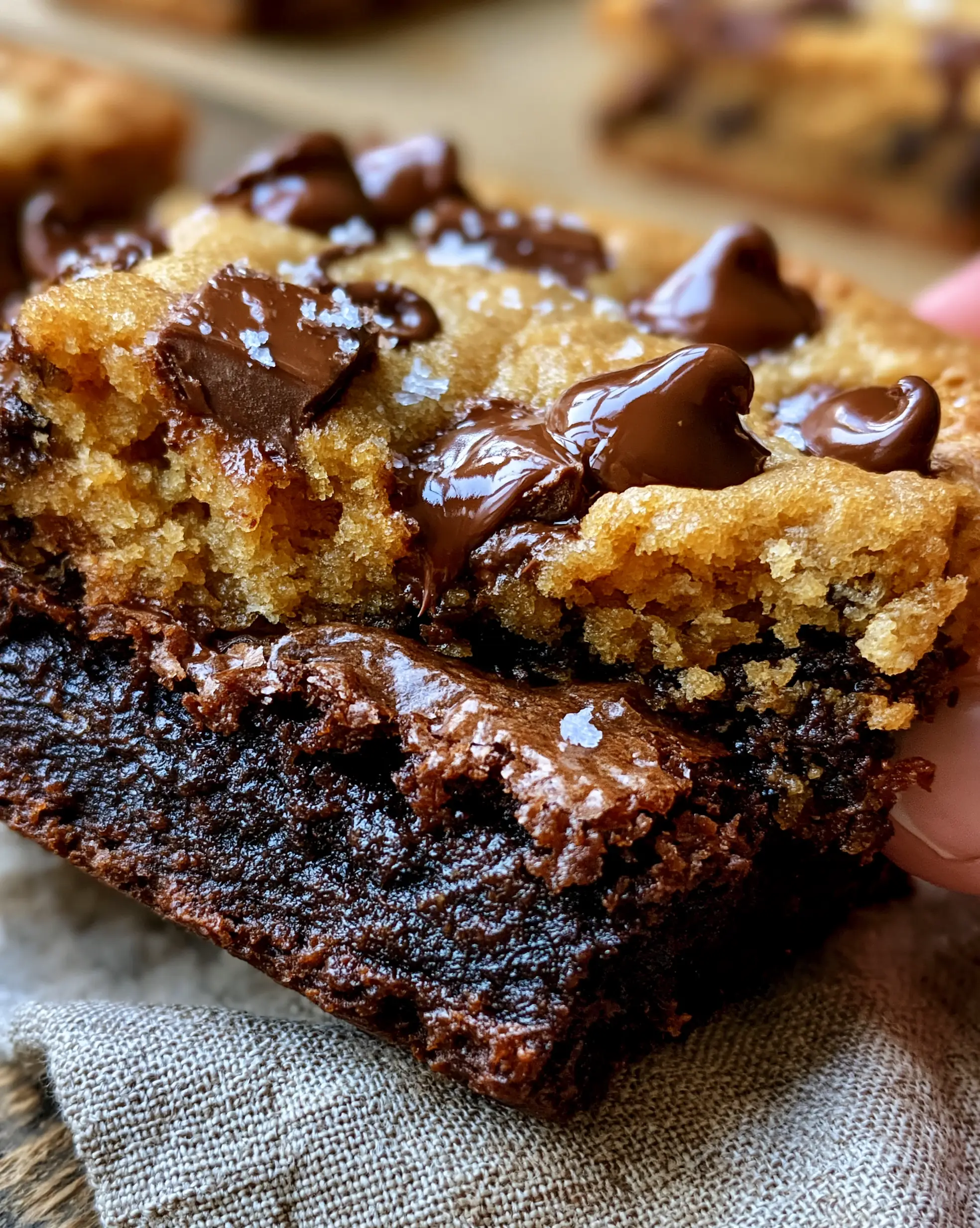 A close-up handheld shot of a warm Brookies Cookies bar being pulled apart, showing the dense brownie and soft cookie textures. (Brookies Cookies)