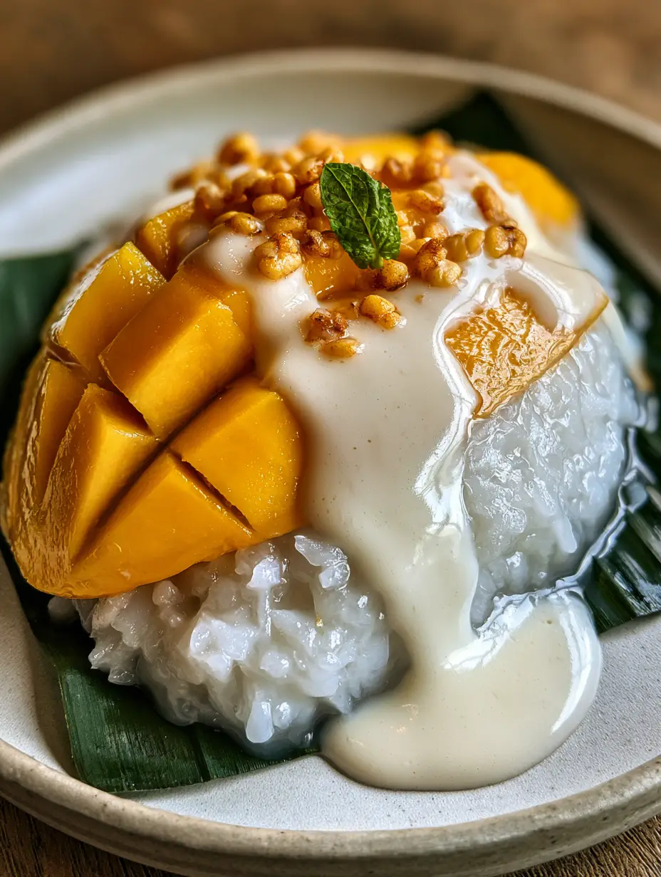 Thai Mango Sticky Rice Recipe: The Ultimate Guide to Authentic Khao Niew Mamuang 4 A smartphone photo of glossy, translucent pearly-white glutinous rice and sliced yellow mango topped with ivory coconut sauce on a wooden table.