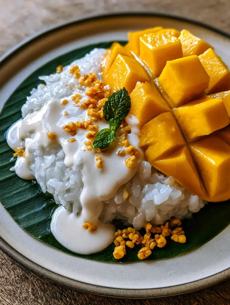 Thai Mango Sticky Rice Recipe: The Ultimate Guide to Authentic Khao Niew Mamuang 1 Extreme close-up of Thai Mango Sticky Rice showing the toasted golden mung beans and a fresh mint sprig against a dark green banana leaf.