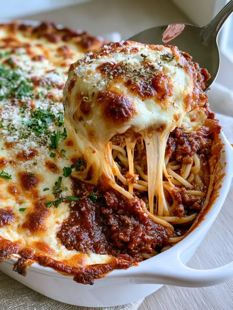 Chicago-style Spaghetti: The Ultimate Baked Comfort Food Guide 1 Lifting a portion of Chicago-style spaghetti to reveal long strands of al dente pasta coated in a rich, chunky, dark red meat sauce.