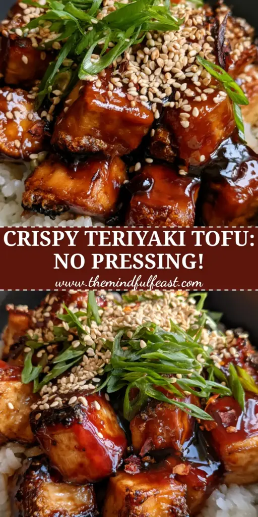 A matte black bowl featuring teriyaki tofu with glistening mahogany glaze, sesame seeds, and green scallions over jasmine rice.