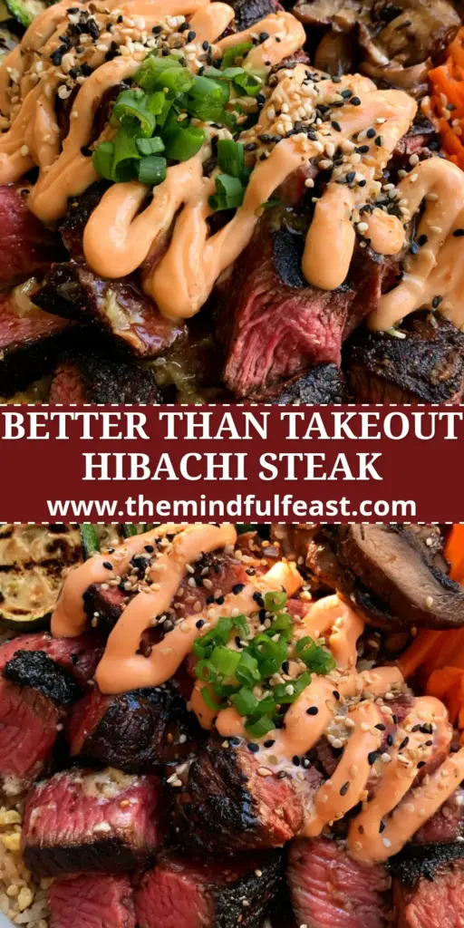 A high-angle photo of a vibrant Hibachi Steak Bowl with golden fried rice, seared sirloin, and charred zucchini. (steak bowl)
