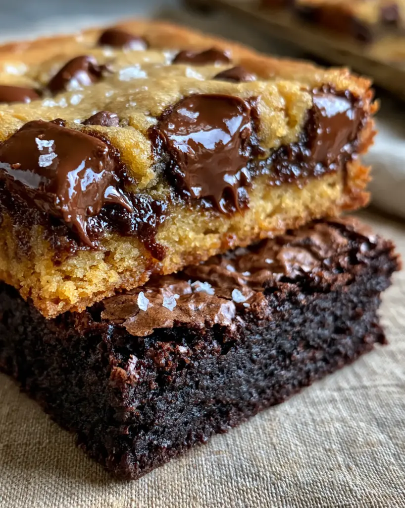Top-down view of Brookies Cookies with glistening semi-sweet chocolate chunks and flaky sea salt crystals.