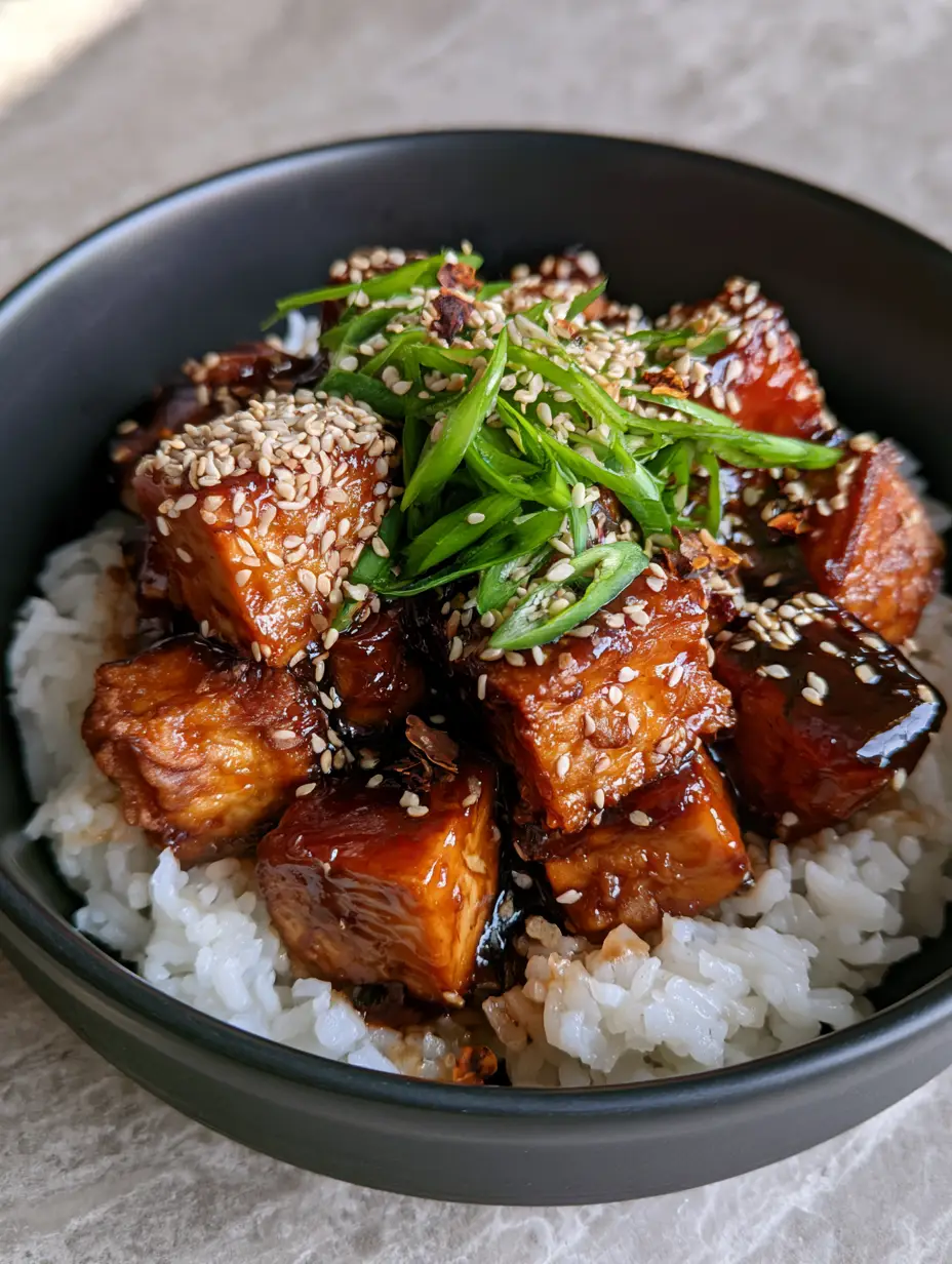 Close-up of golden-brown teriyaki tofu cubes with craggy, blistered edges drenched in dark sauce. (teriyaki tofu)
