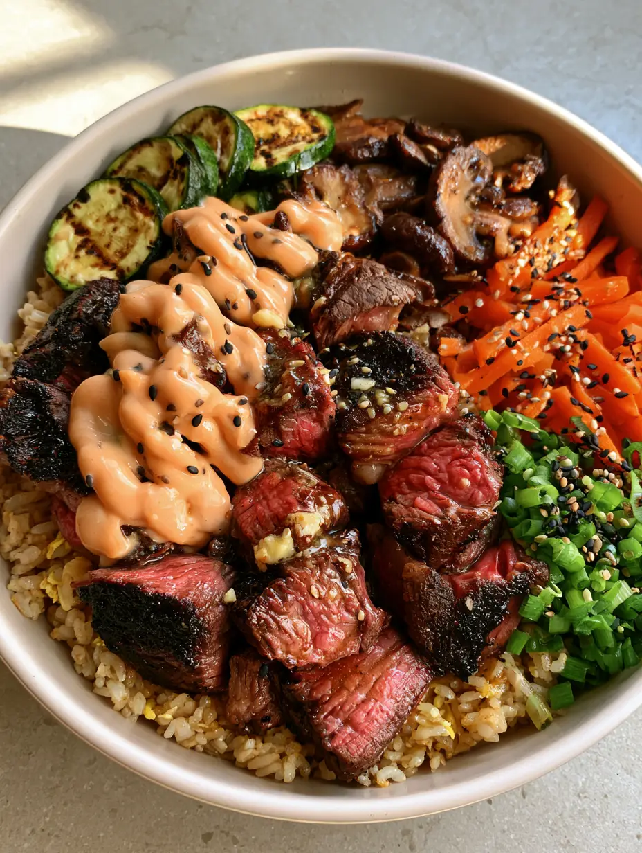 Close-up of seared steak bites with garlic butter and julienned carrots in a bowl. (steak bowl)