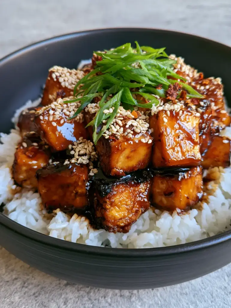 Handheld smartphone photo of a modern black ceramic bowl with teriyaki tofu and fluffy jasmine rice.