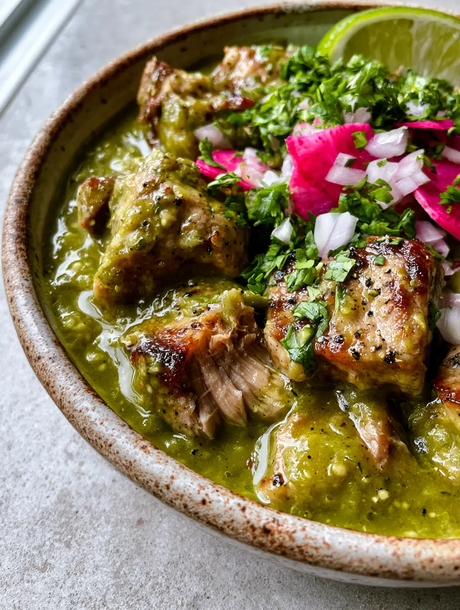 Pork Chile Verde: The Ultimate Guide to Authentic Roasted Tomatillo Stew 3 Extreme close-up of Pork Chile Verde showing seared pork shoulder pieces pulling apart into fibers smothered in a green sauce with charred flecks.