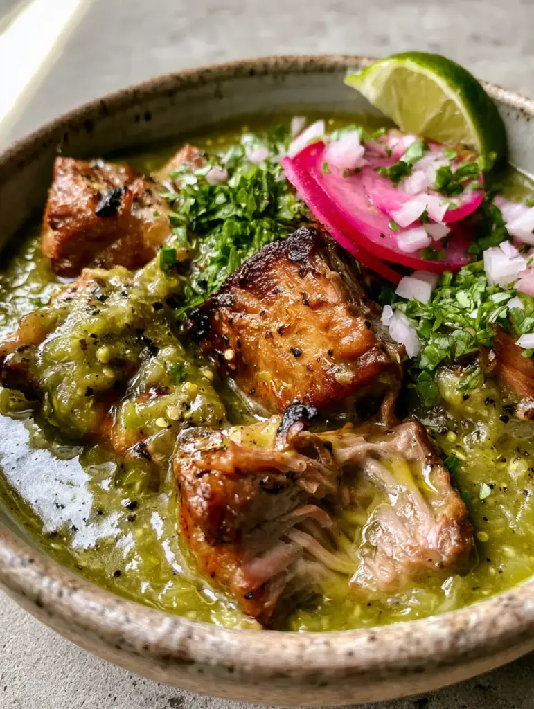 Pork Chile Verde: The Ultimate Guide to Authentic Roasted Tomatillo Stew 1 45-degree angle shot of Pork Chile Verde garnished with paper-thin radish, finely diced white onion, and fresh cilantro with lime juice droplets.