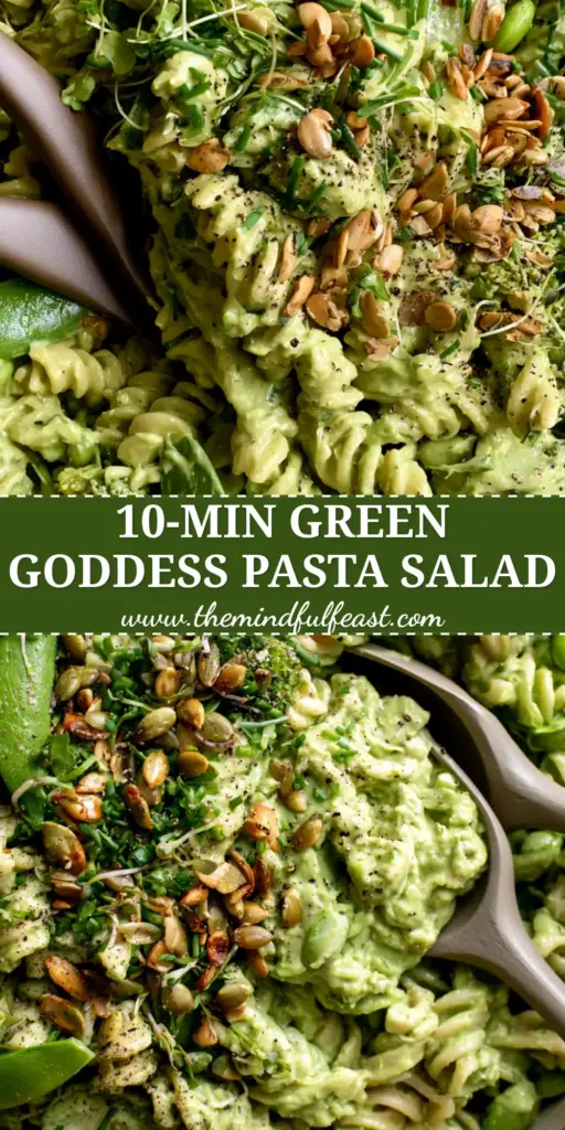 Top-down view of a Green Goddess Pasta Salad in a shallow bowl with wooden servers showing creamy avocado dressing and green vegetables.