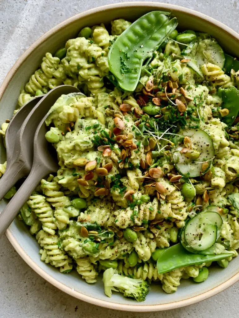 Matte wooden salad servers lifting a portion of fusilli coated in pale green avocado dressing.