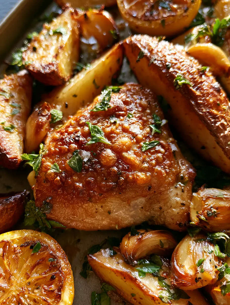 Macro shot of a crispy chicken thigh with bubbly skin and golden potato wedges in a Greek Lemon Chicken and Potatoes dish.
