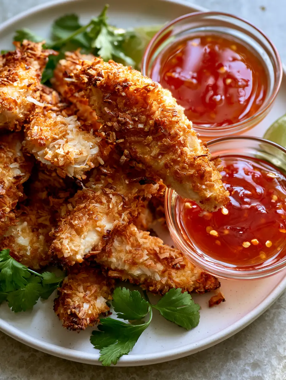 Coconut Chicken Tenders: The Ultimate Ultra-Crispy Tropical Recipe 3 High-angle shot of ultra-crispy coconut-crusted chicken tenders on an off-white ceramic plate with cilantro. (Coconut chicken tenders)