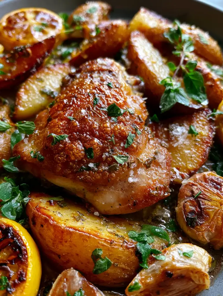 Close-up of roasted whole garlic cloves and caramelized lemon slices interspersed with Greek Lemon Chicken and Potatoes.