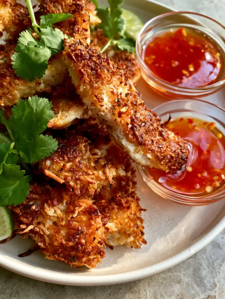 Coconut Chicken Tenders: The Ultimate Ultra-Crispy Tropical Recipe 1 Close-up of a coconut chicken tender being dipped into vibrant red sweet chili sauce showing chili seeds.