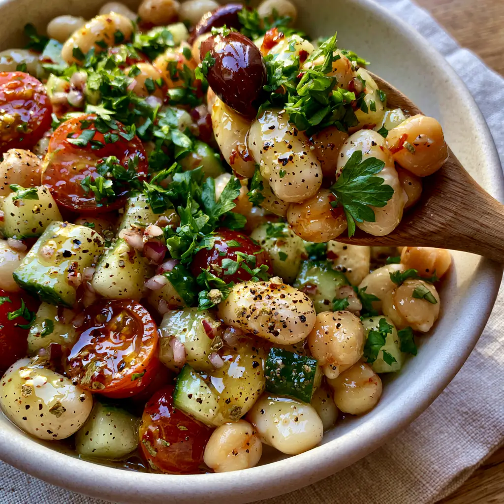 Cold Bean Salad with Zesty Lemon Vinaigrette and Mediterranean Herbs 1 Top-down angled photo of a cold bean salad in a matte white bowl with a wooden spoon lifting a scoop of beans and vegetables.