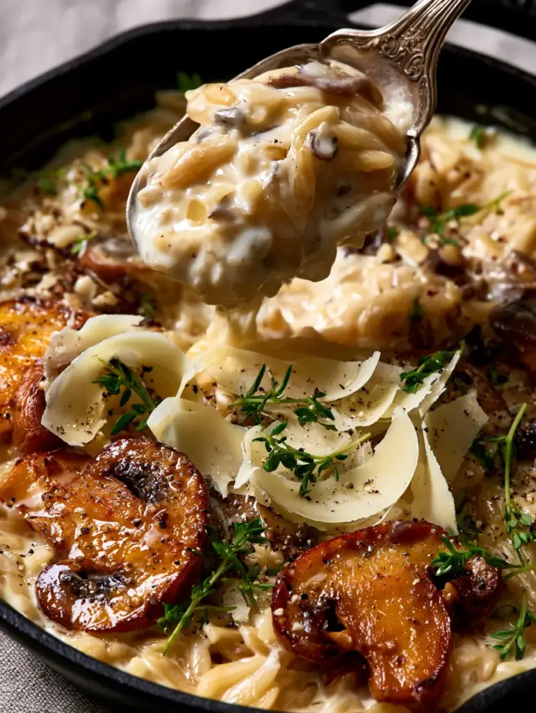 Creamy Orzo and Mushrooms with Garlic and Shaved Parmesan 2 A silver vintage spoon lifting a dripping portion of Creamy Orzo and Mushrooms from a black skillet.
