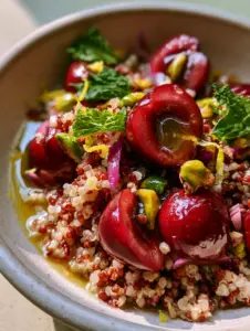 Extreme close-up of fluffy tri-color quinoa pearls topped with deep red halved cherries and emerald green pistachios. (Cherry Pistachio Quinoa Salad)