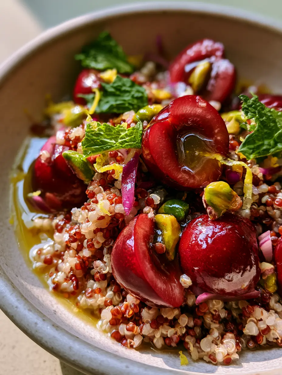 Cherry Pistachio Quinoa Salad with Zesty Lemon Vinaigrette 3 Extreme close-up of fluffy tri-color quinoa pearls topped with deep red halved cherries and emerald green pistachios. (Cherry Pistachio Quinoa Salad)
