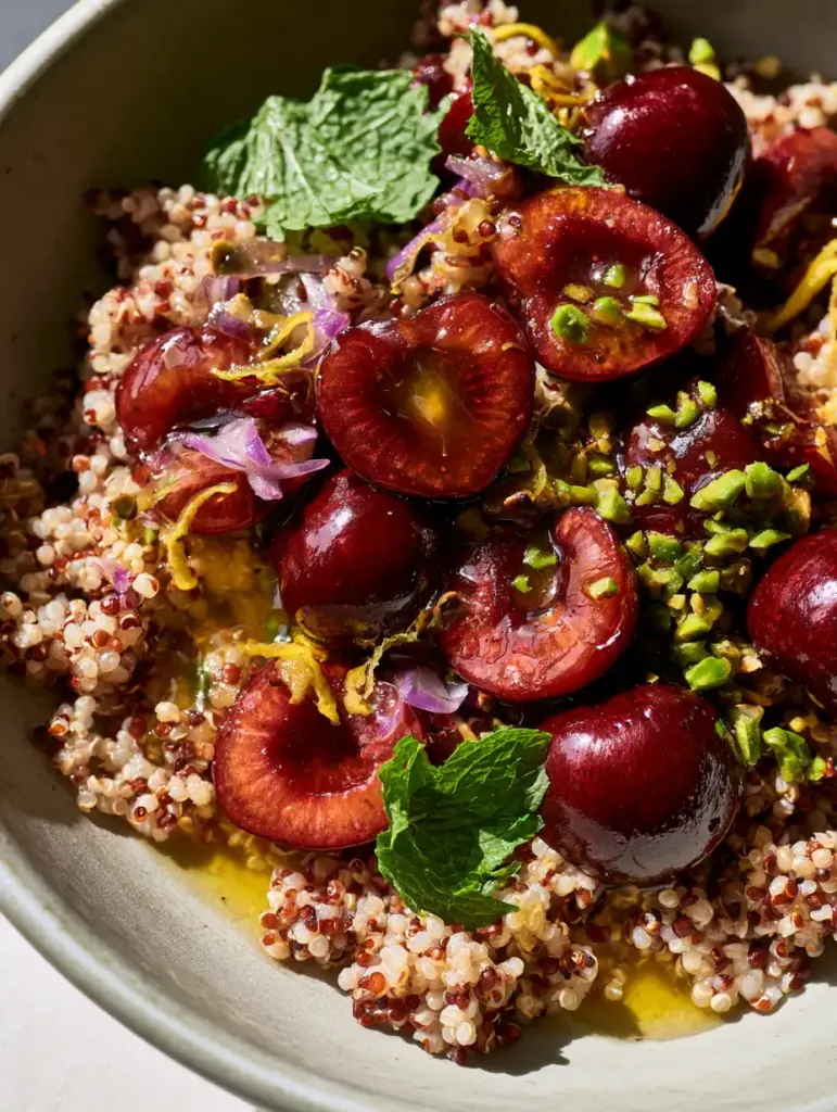 Cherry Pistachio Quinoa Salad with Zesty Lemon Vinaigrette 1 Vibrant grain bowl with purple onion slivers and yellow lemon zest over a Cherry Pistachio Quinoa Salad.