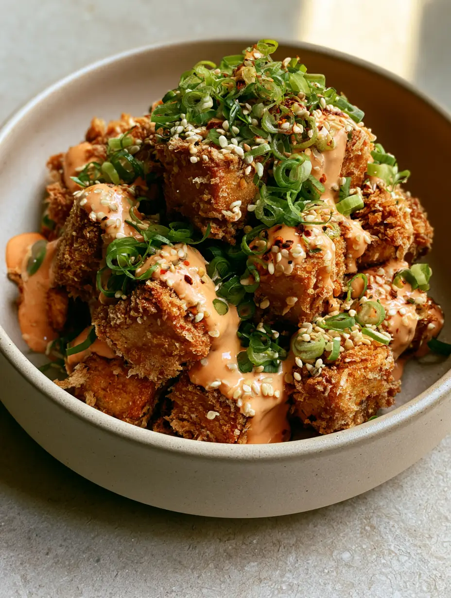 Air Fryer Bang Bang Tofu with Ultra-Crispy Panko Breading 4 Overhead smartphone photo of golden-brown panko-crusted tofu cubes in a matte bowl. (air fryer bang bang tofu)