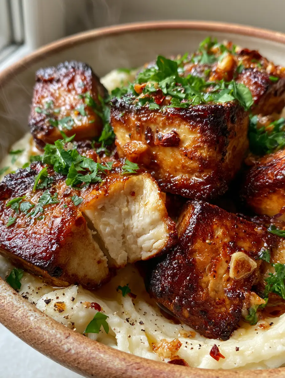 Tofu Steak Bites and Mashed Potatoes with Garlic Butter 3 Extreme close-up of tofu steak bites and mashed potatoes showing charred golden edges and toasted garlic bits.