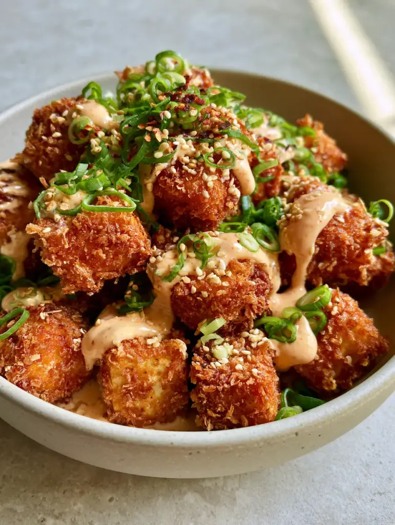 Air Fryer Bang Bang Tofu with Ultra-Crispy Panko Breading 1 A heap of air fryer bang bang tofu showing deep golden-brown textures and pooled sauce.