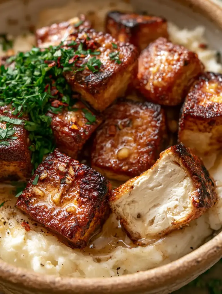 Tofu Steak Bites and Mashed Potatoes with Garlic Butter 1 Low-angle photo of a bowl of tofu steak bites and mashed potatoes with steam visible and a meaty tofu interior shown.