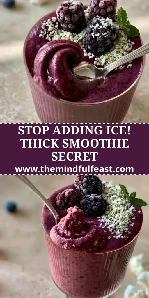 Smoothie Tips for the Thickest, Creamiest Purple Berry Blend 4 A thick deep-purple berry smoothie swirl lifted by a silver spoon, garnished with hemp hearts and mint. (smoothie tips)