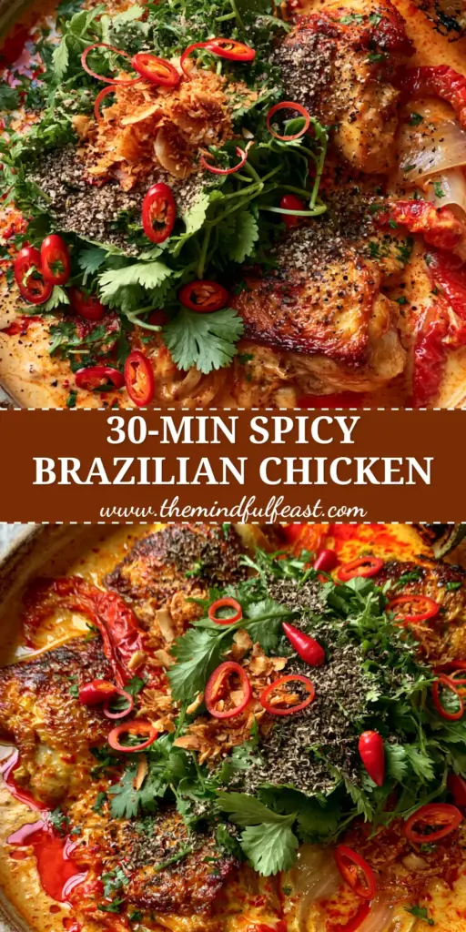 Spicy Brazilian Coconut Chicken: A Velvety One-Pot Masterpiece 4 A rustic ceramic pot filled with Spicy Brazilian Coconut Chicken, showing golden chicken chunks, orange sauce, red chili oil droplets, and fresh cilantro garnish.