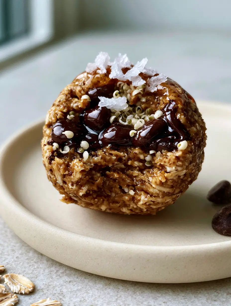 5-Minute Snacks: Gooey Almond Butter and Dark Chocolate No-Bake Energy Balls 3 Macro shot of a broken energy ball revealing a gooey center with melted chocolate and hemp hearts. (5-minute snacks)