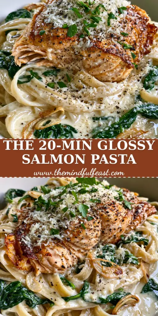 A shallow matte white bowl filled with creamy salmon pasta, showing a golden-crusted salmon fillet, wilted spinach, and glossy fettuccine topped with parmesan and parsley.